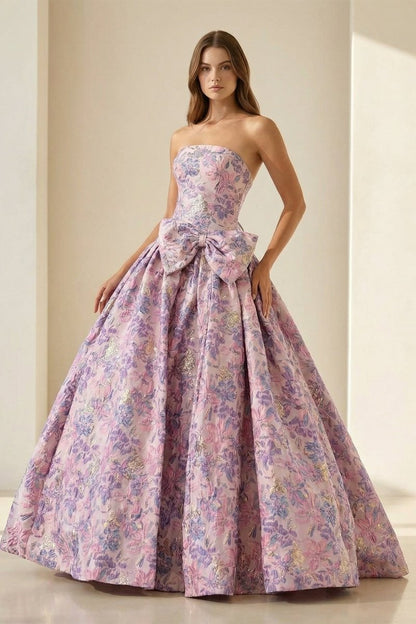 Strapless Floral Printed A Line Long Formal Prom Dresses With Bow