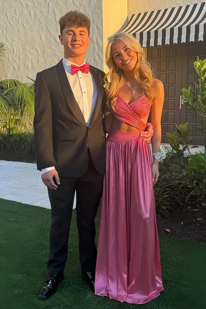Hot Pink - A Line V Neck Metallic Satin Long Prom Dresses With Cut out