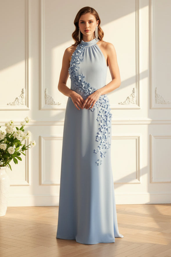 Halter Neck Sheath Gown with 3D Floral Appliques