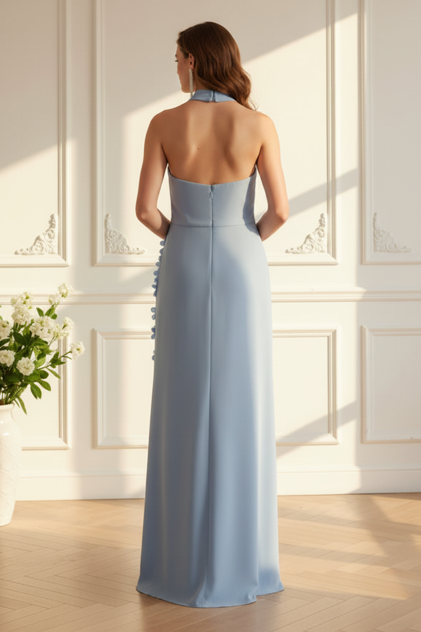 Halter Neck Sheath Gown with 3D Floral Appliques