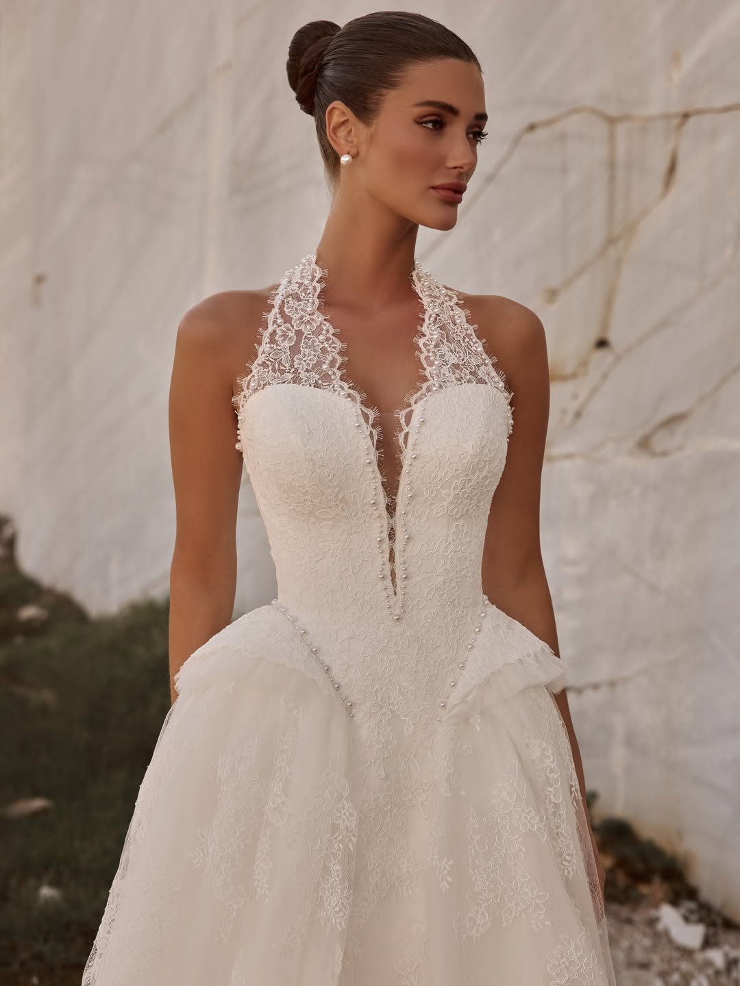 Lace Halter Ball Gown Wedding Dress with Basqued Hip