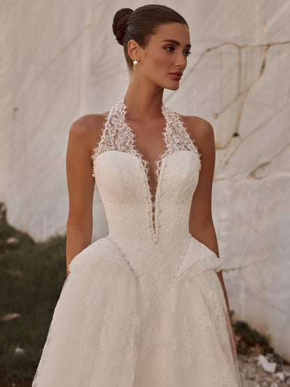 Lace Halter Ball Gown Wedding Dress with Basqued Hip