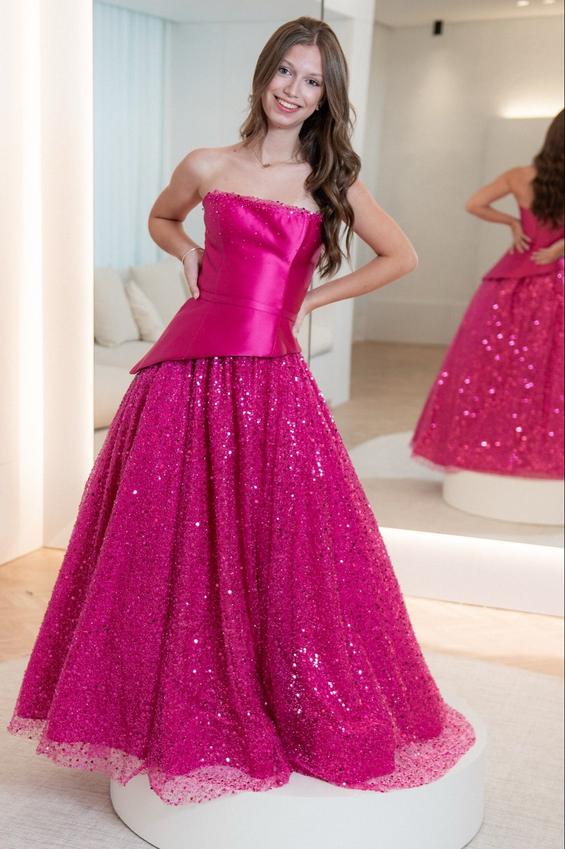 Strapless Peplum Ball Gown with Sequin Skirt