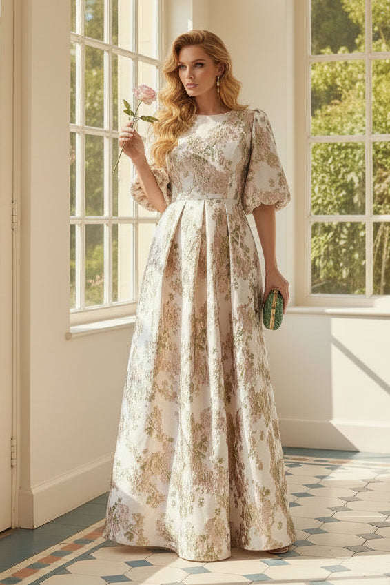 Jacquard A-Line Maxi Dress with Puff Sleeves
