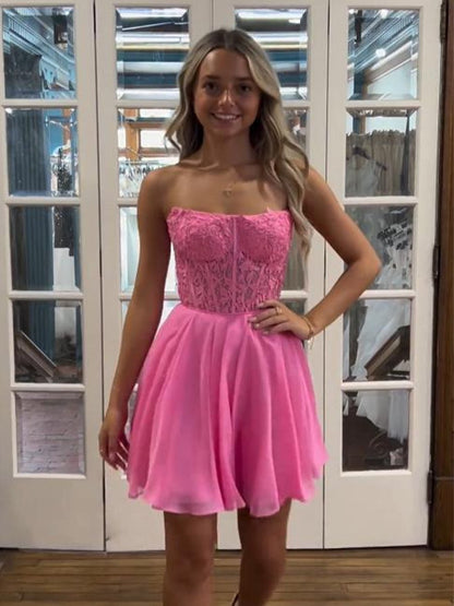 Strapless Lace Corset Mini Dress with Lace-Up Back