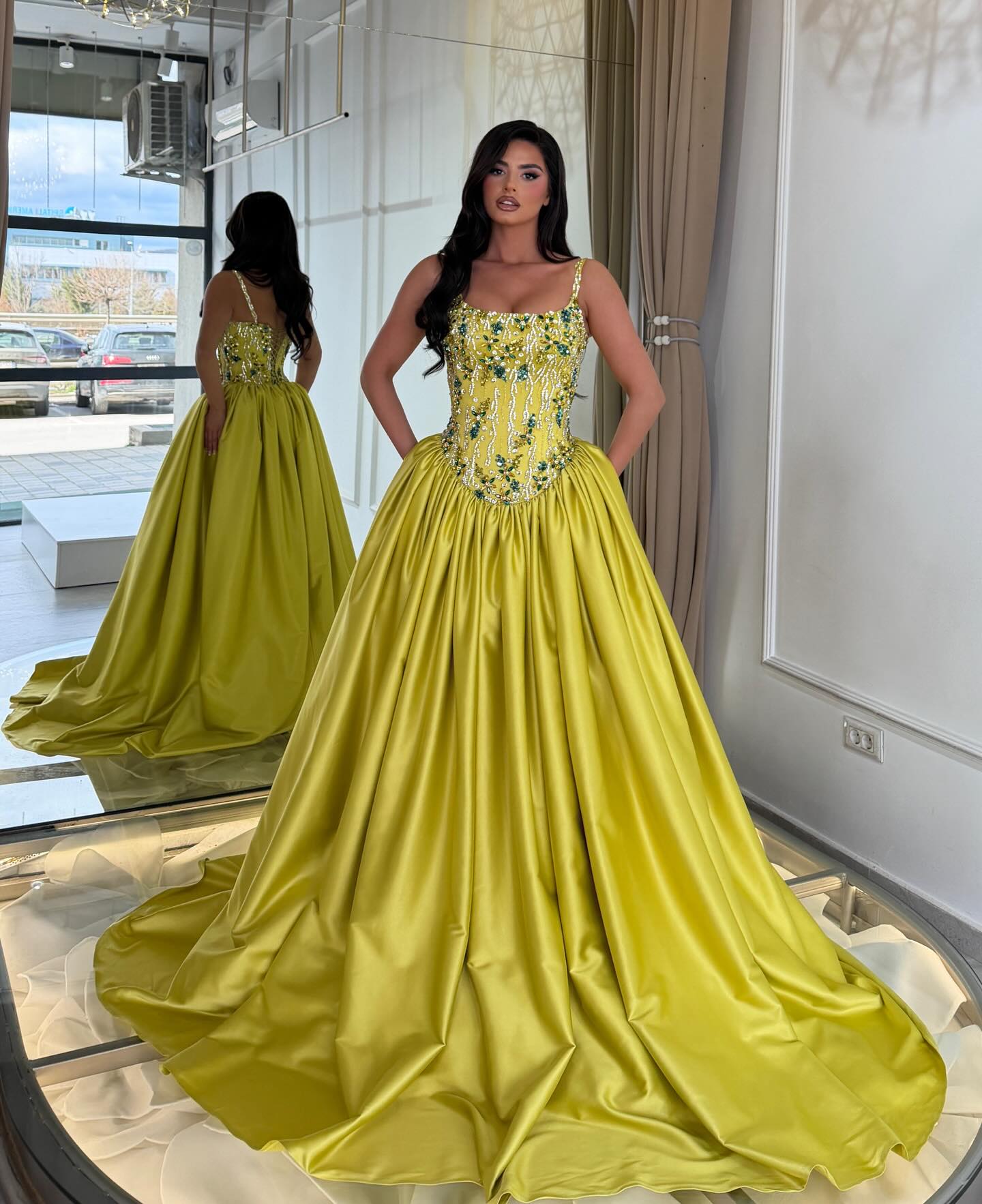 Beaded Corset Satin Ball Gown with Pockets