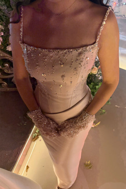 Beaded Corset Evening Gown with Asymmetrical Drape