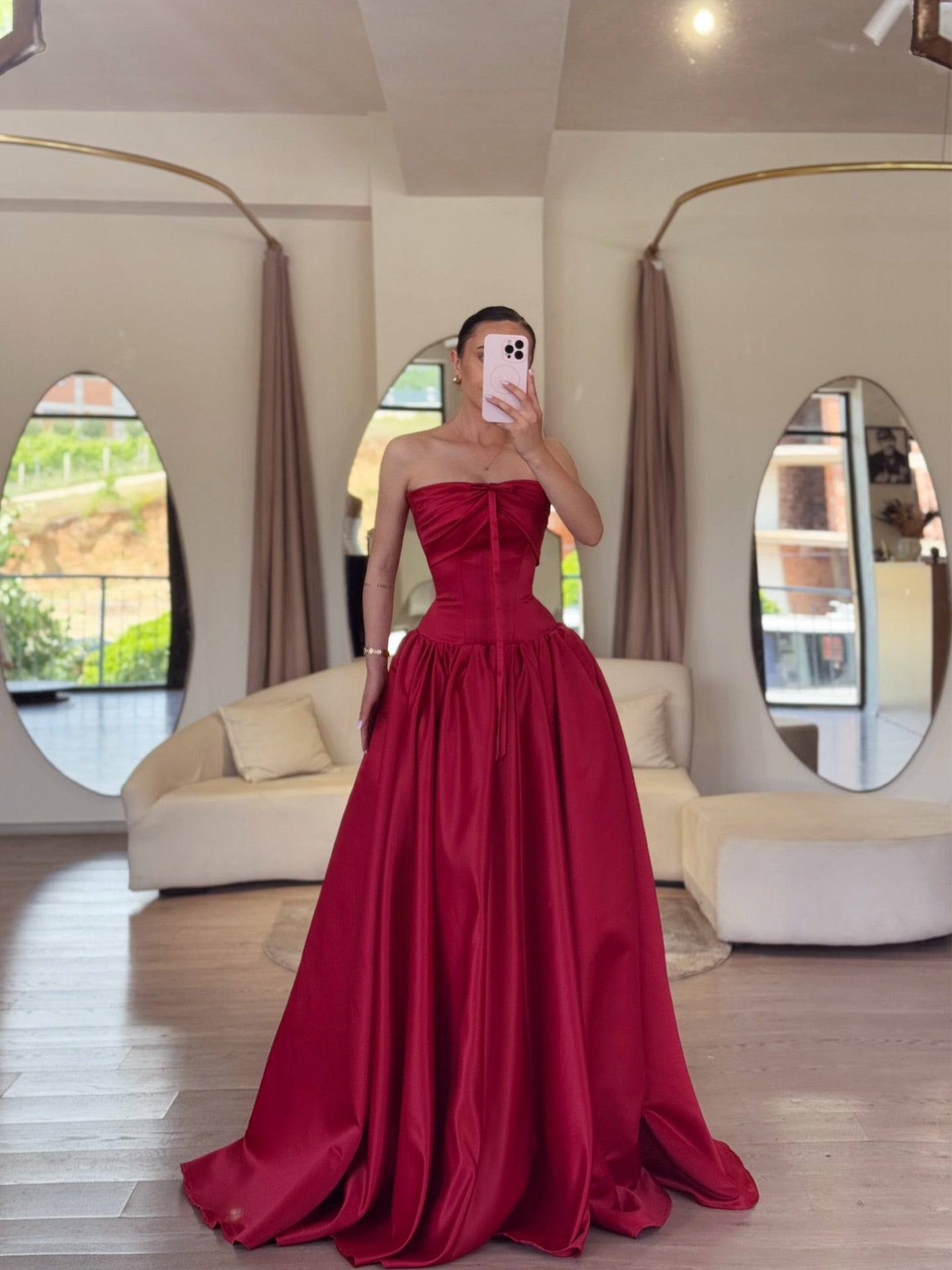 Strapless Satin Corset Ball Gown with Pockets