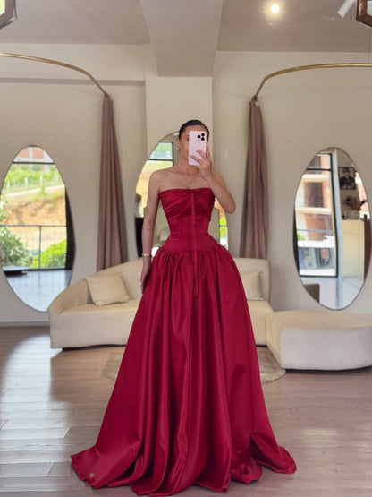 Strapless Satin Corset Ball Gown with Pockets