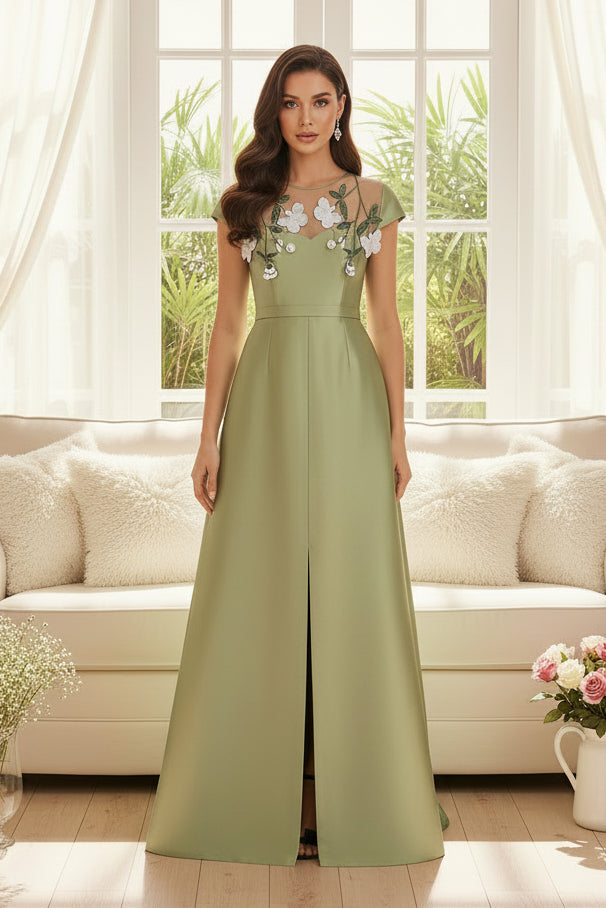Illusion Neckline Satin Gown with 3D Floral Appliques
