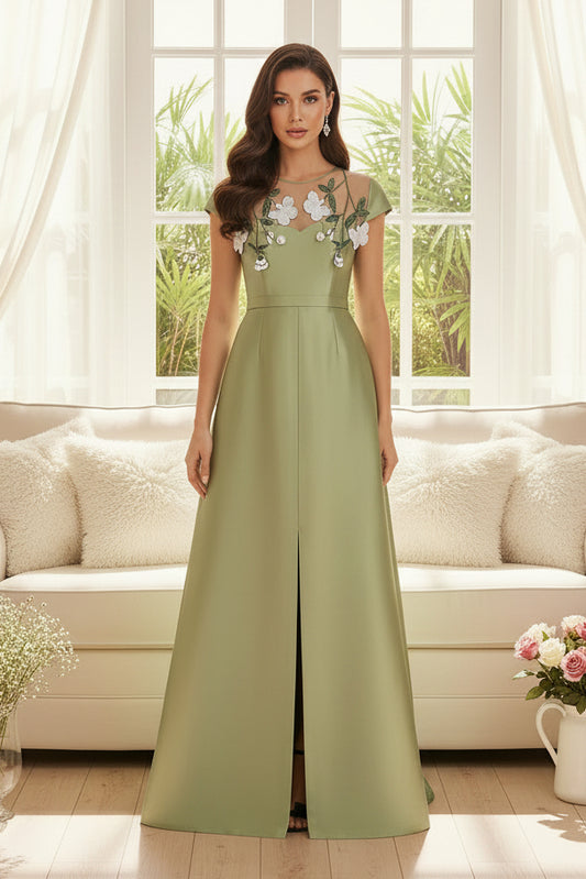 Illusion Neckline Satin Gown with 3D Floral Appliques