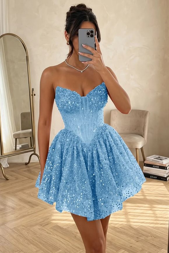 Strapless Sweetheart Sequin Corset Homecoming Dress