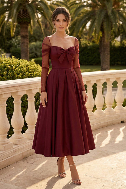 Bow Bodice Tea-Length Dress with Sheer Sleeves