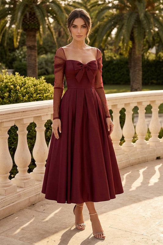 Bow Bodice Tea-Length Dress with Sheer Sleeves