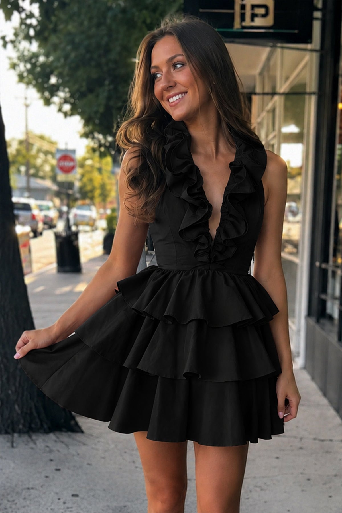 Ruffle Trim Tiered Mini Dress with Open Back