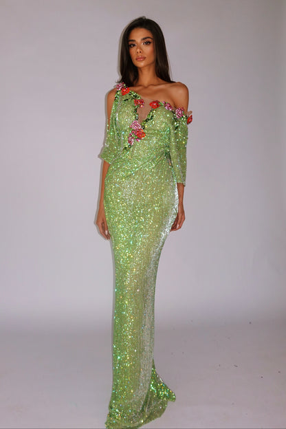 Asymmetric Glitter Column Gown with 3D Flowers