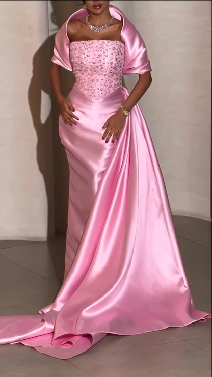 Beaded Bodice Satin Gown with Shawl & Side Drape