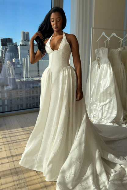 Floral Jacquard Halter Wedding Dress with Train