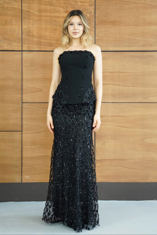 Strapless Basque Waist Sequin Mermaid Evening Gown