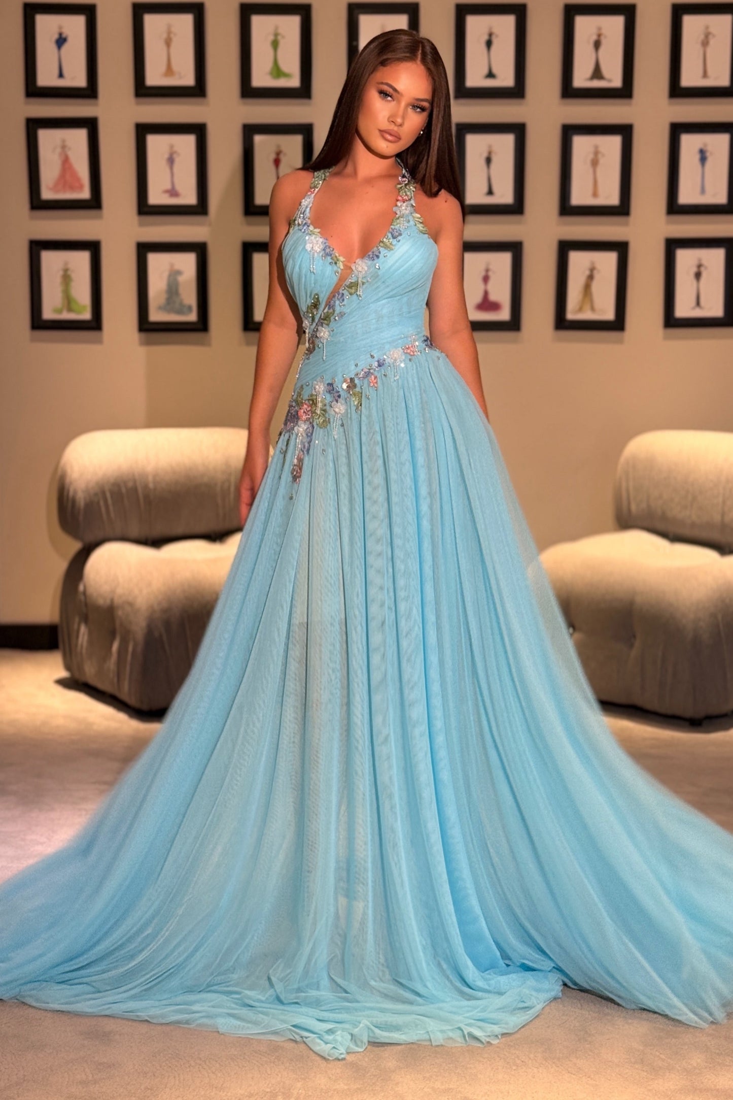 Floral Applique Halter Tulle A-Line Gown