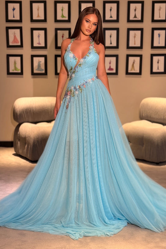 Floral Applique Halter Tulle A-Line Gown