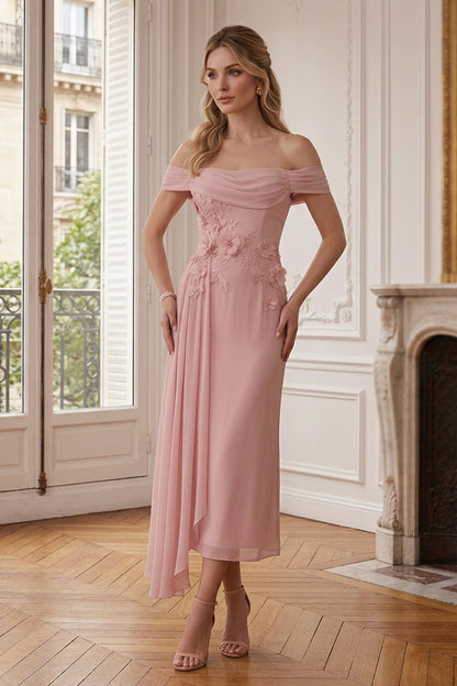 Off-Shoulder Floral Appliqué Midi Dress