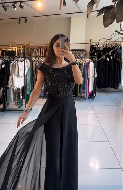 Sequin Bodice Jumpsuit with Chiffon Overskirt
