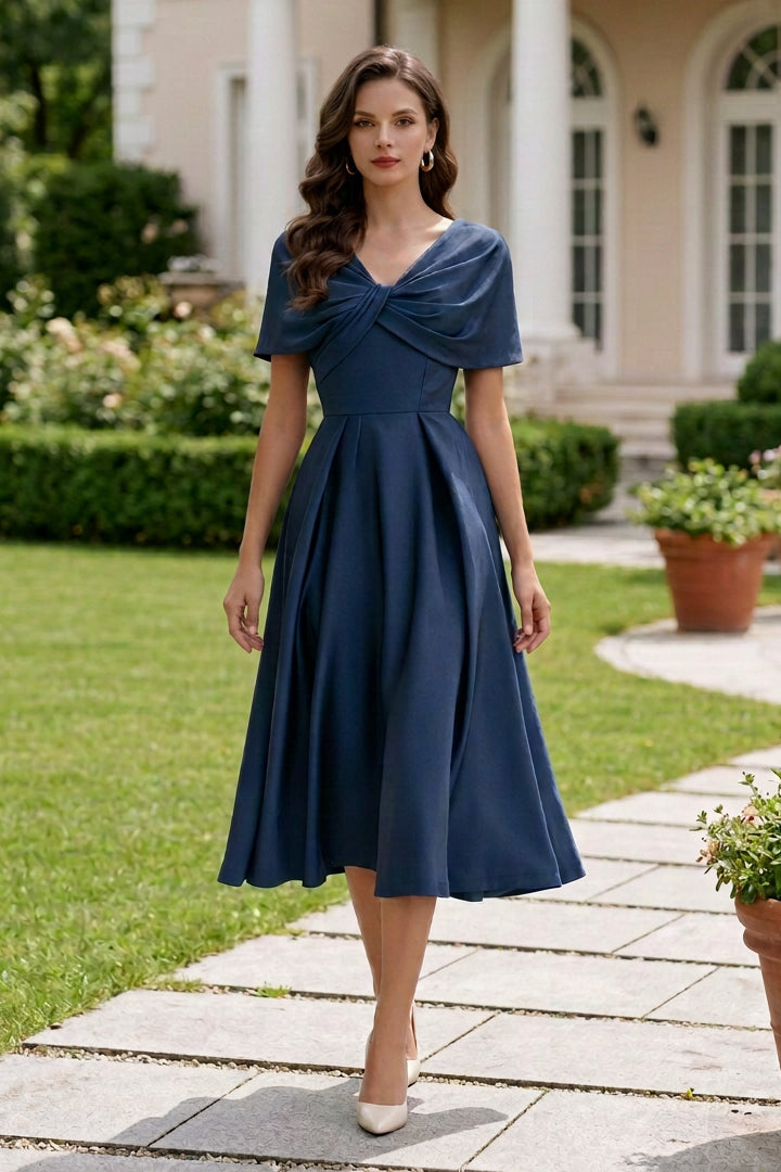 Twist-Front V-Neck Midi Dress with Pleated Skirt