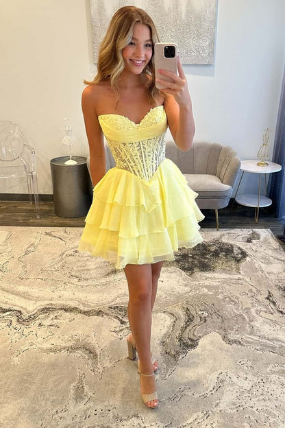 Strapless Sweetheart Tiered Ruffle Corset Mini Dress