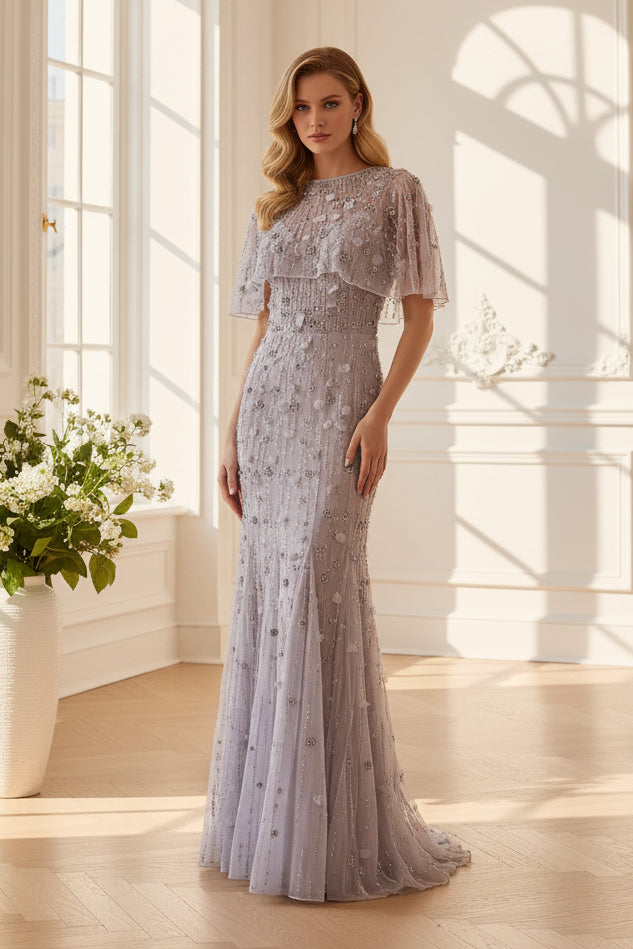 3D Floral Beaded Capelet Column Gown