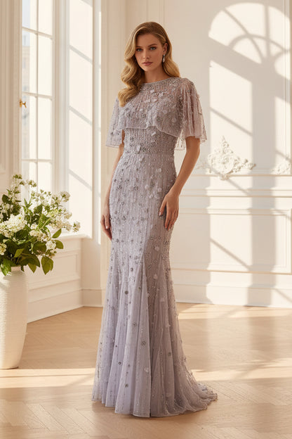 3D Floral Beaded Capelet Column Gown
