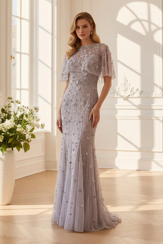 3D Floral Beaded Capelet Column Gown