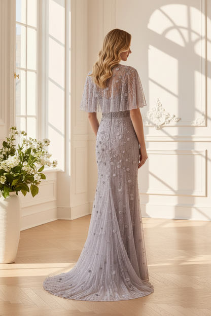 3D Floral Beaded Capelet Column Gown