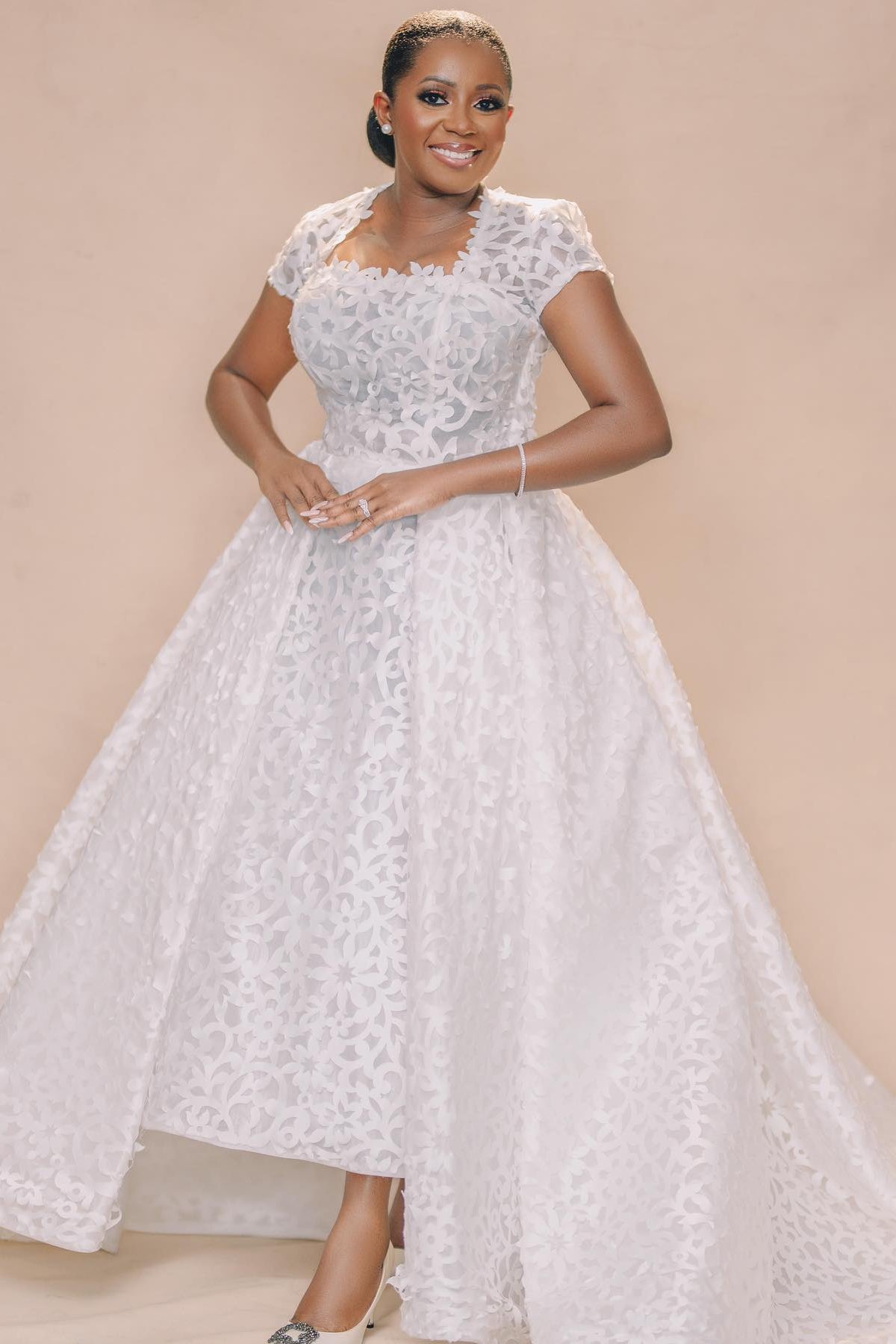 High-Low Lace A-Line Wedding Dress with Cap Sleeves