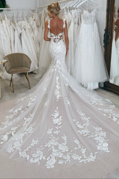 Floral Lace Mermaid Wedding Dress with Cathedral Train