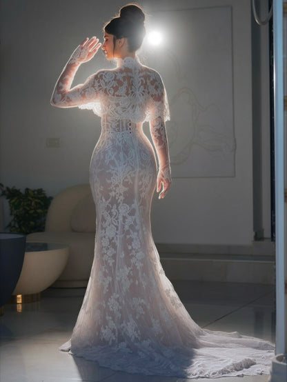 Illusion High Neck Lace Mermaid Bridal Gown
