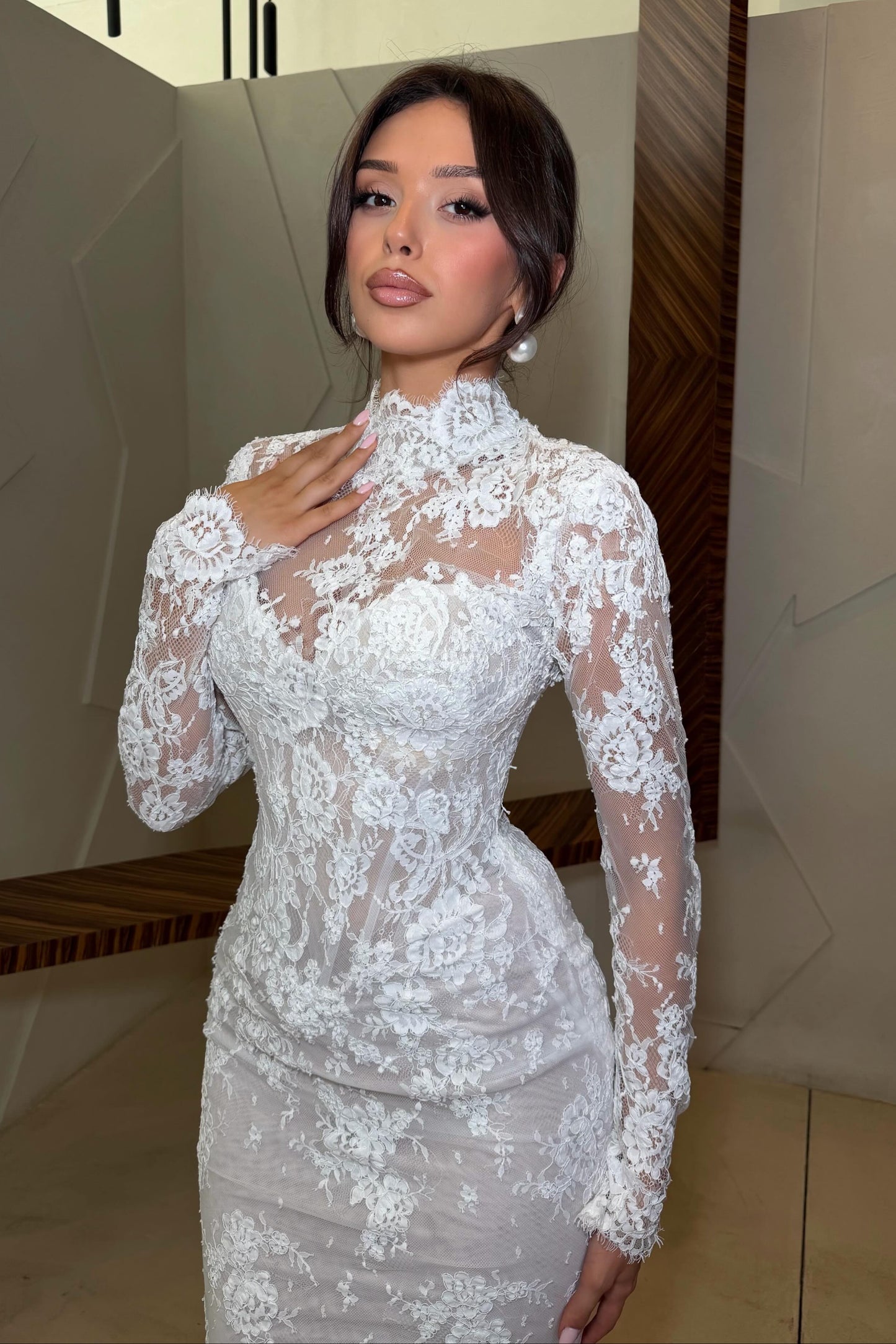 High Neck Lace Long Sleeve Mermaid Wedding Dress