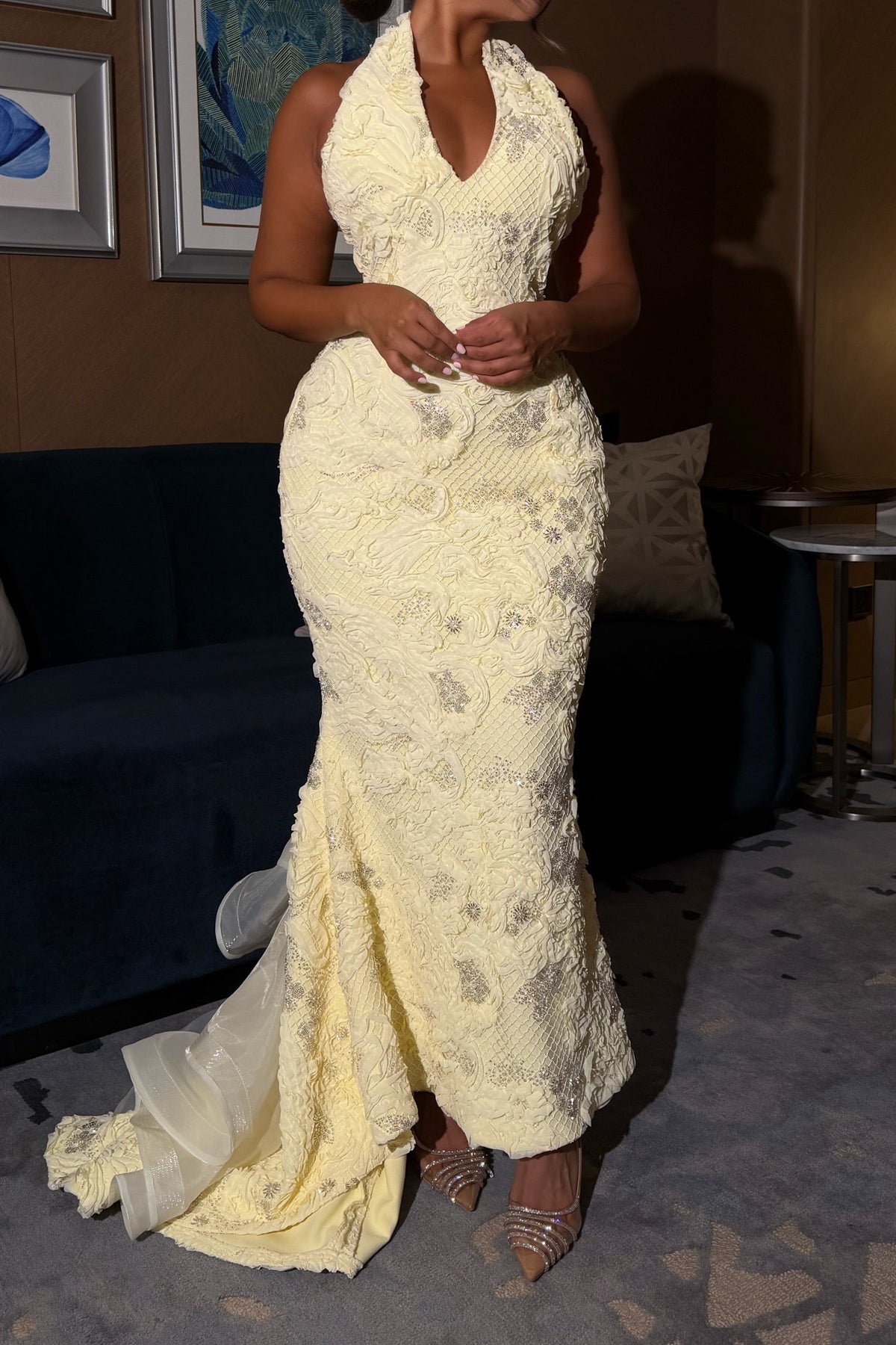 Embroidered Halter Mermaid Gown with Tiered Ruffle Train