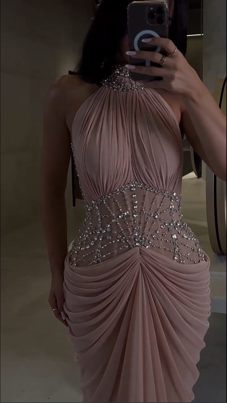 Halter Neck Beaded Corset Evening Gown with Draped Skirt