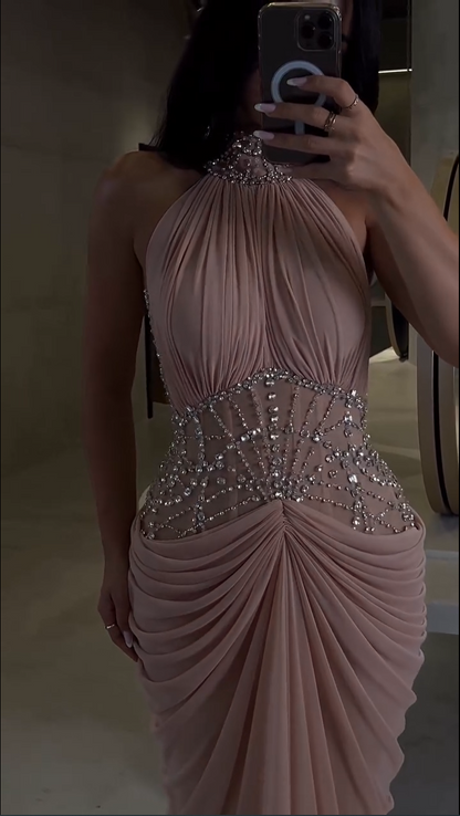 Halter Neck Beaded Corset Evening Gown with Draped Skirt