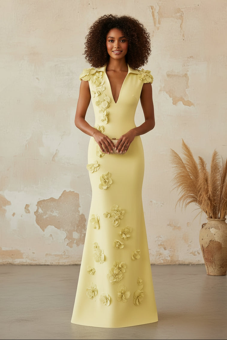 Collared V-Neck Mermaid Evening Gown with 3D Flowers