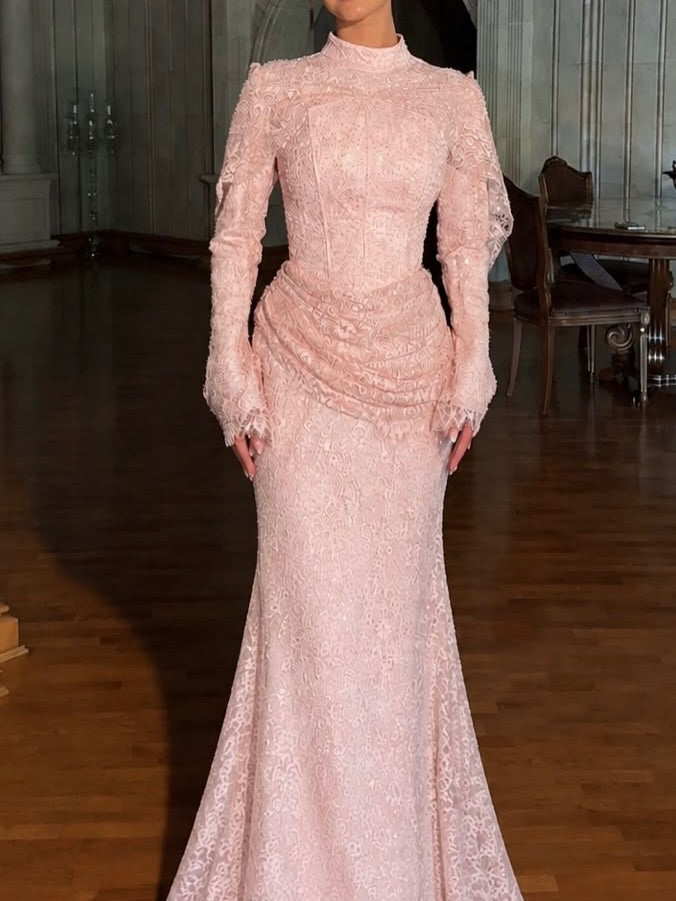 High Neck Lace Gown with Draped Waist