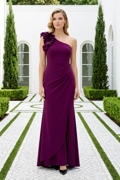 One-Shoulder Ruffle Rosette Column Gown