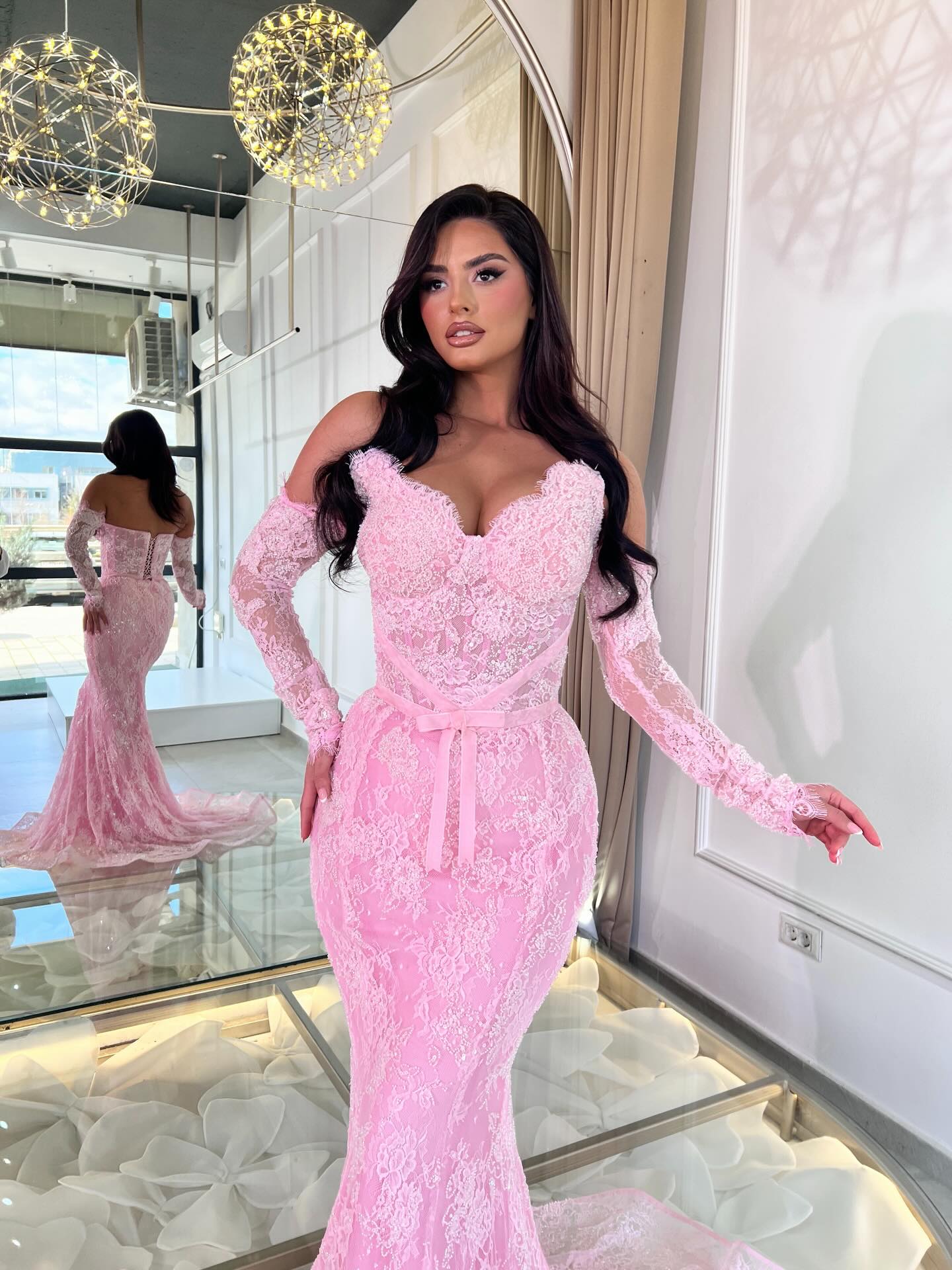 Off-the-Shoulder Lace Mermaid Gown with Corset Back