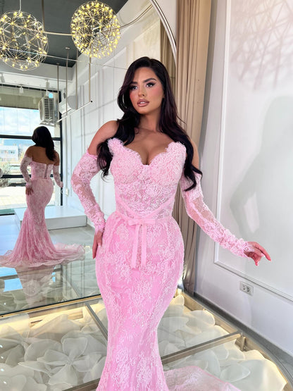 Off-the-Shoulder Lace Mermaid Gown with Corset Back