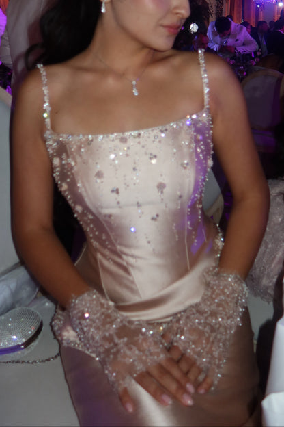 Beaded Corset Evening Gown with Asymmetrical Drape