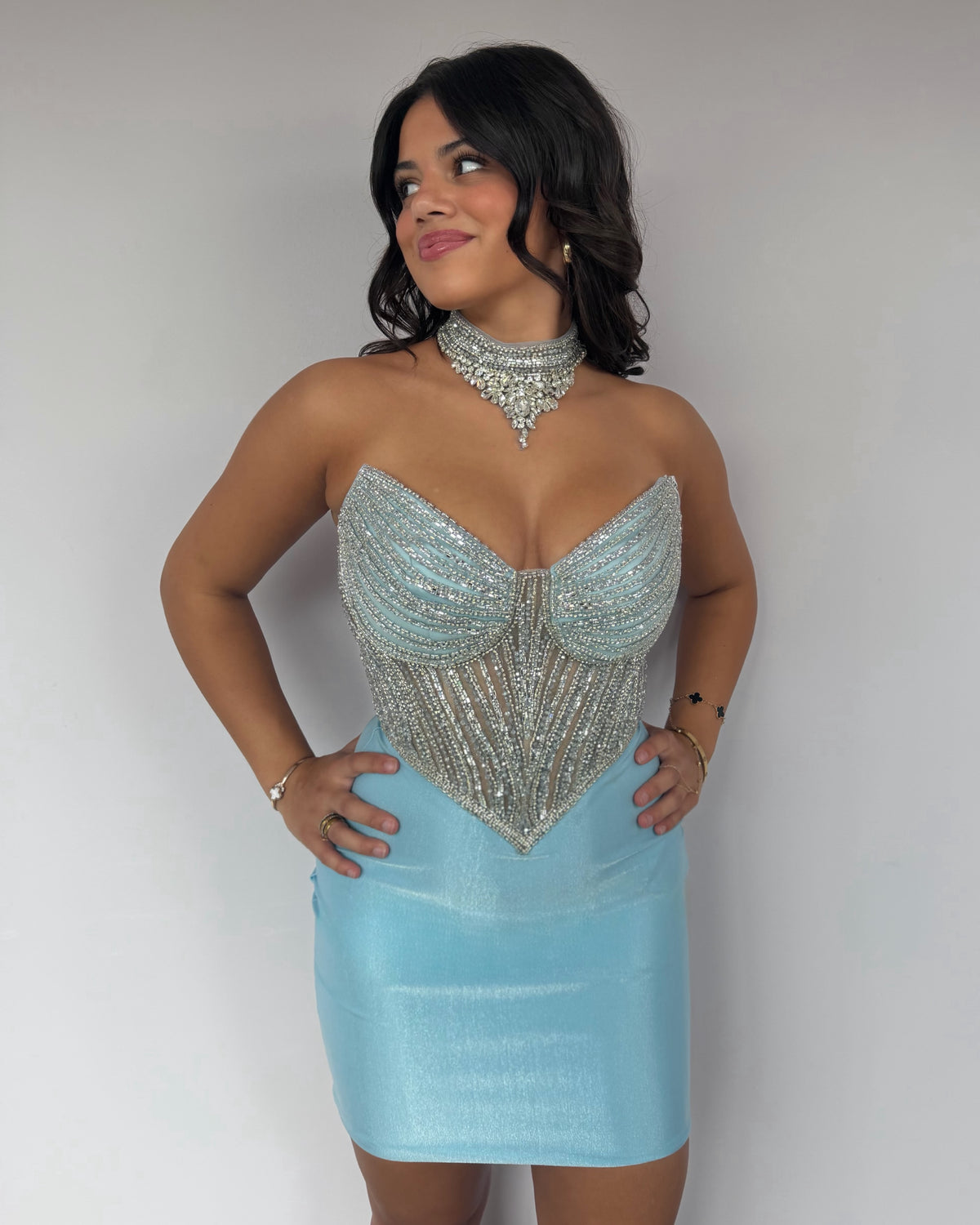 Strapless Beaded Corset Mini Dress with Basqued Waist