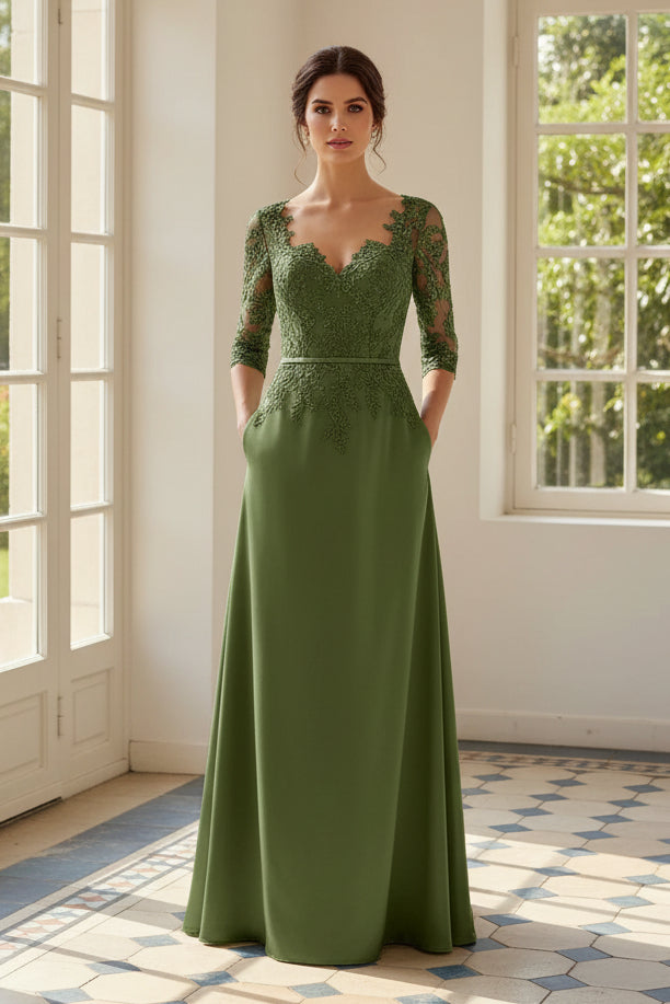 Lace 3/4 Sleeve A-Line Satin Formal Gown with Pockets
