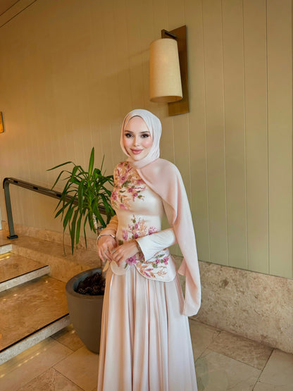 Embroidered Long Sleeve Evening Gown with Cape