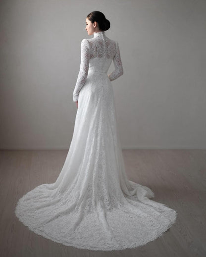 High Neck Lace Long Sleeve A-Line Wedding Dress